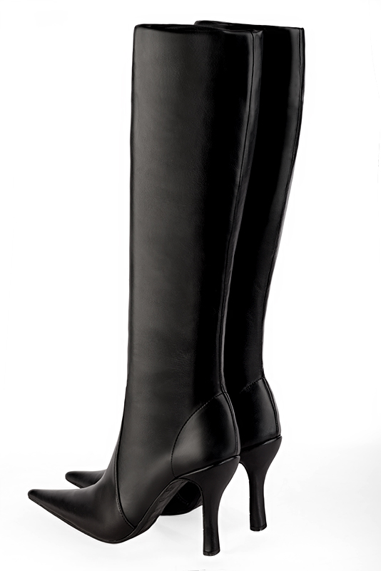 Satin black women's feminine knee-high boots. Pointed toe. Very high spool heels. Made to measure. Rear view - Florence KOOIJMAN